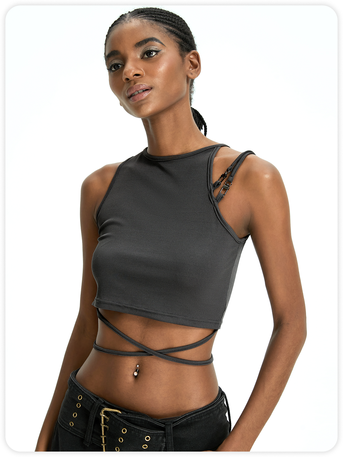 Street Gray Metal buckle Asymmetrical design Top Tank Top & Cami