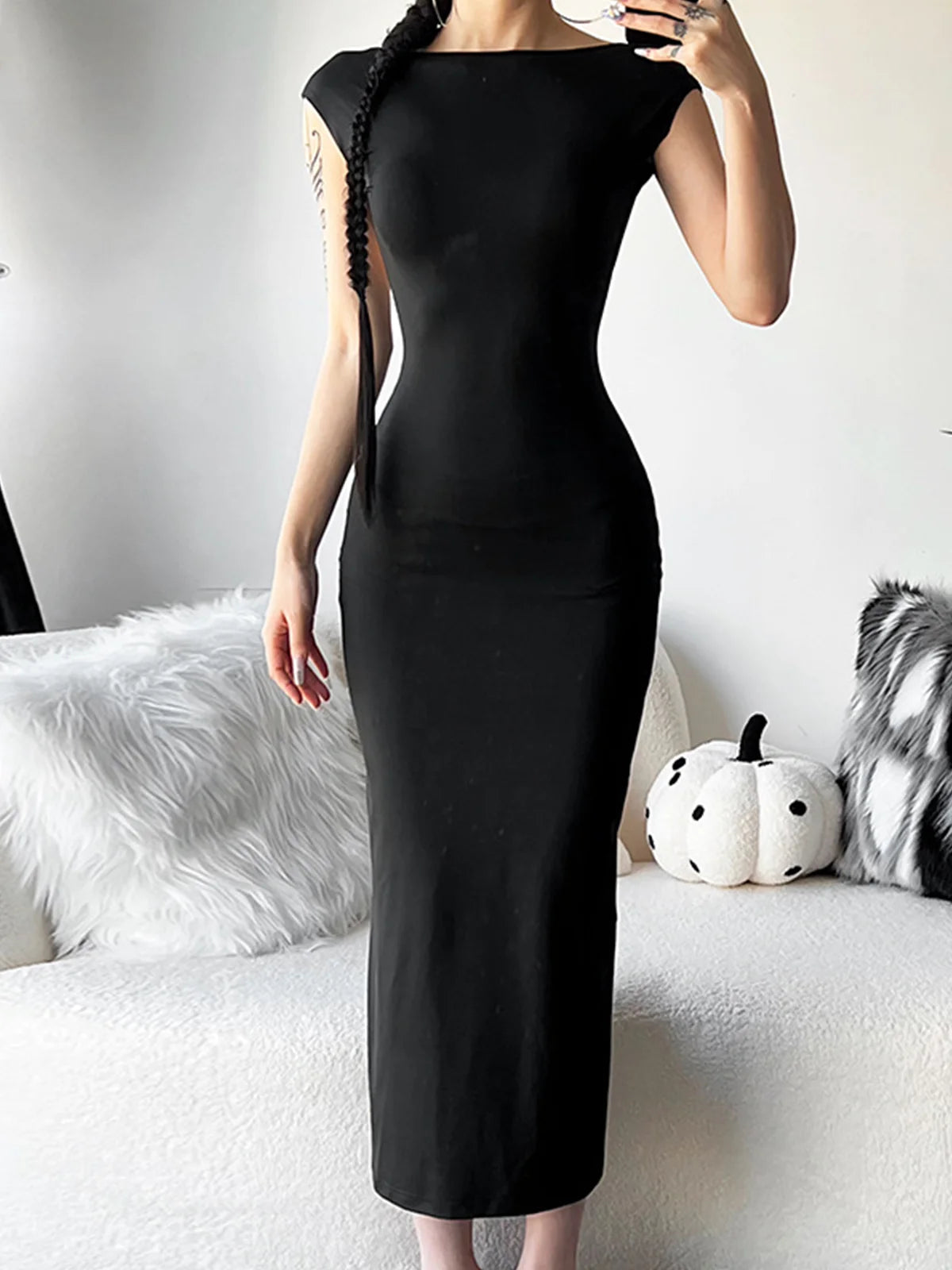 Backless Plain Sleeveless Maxi Dress