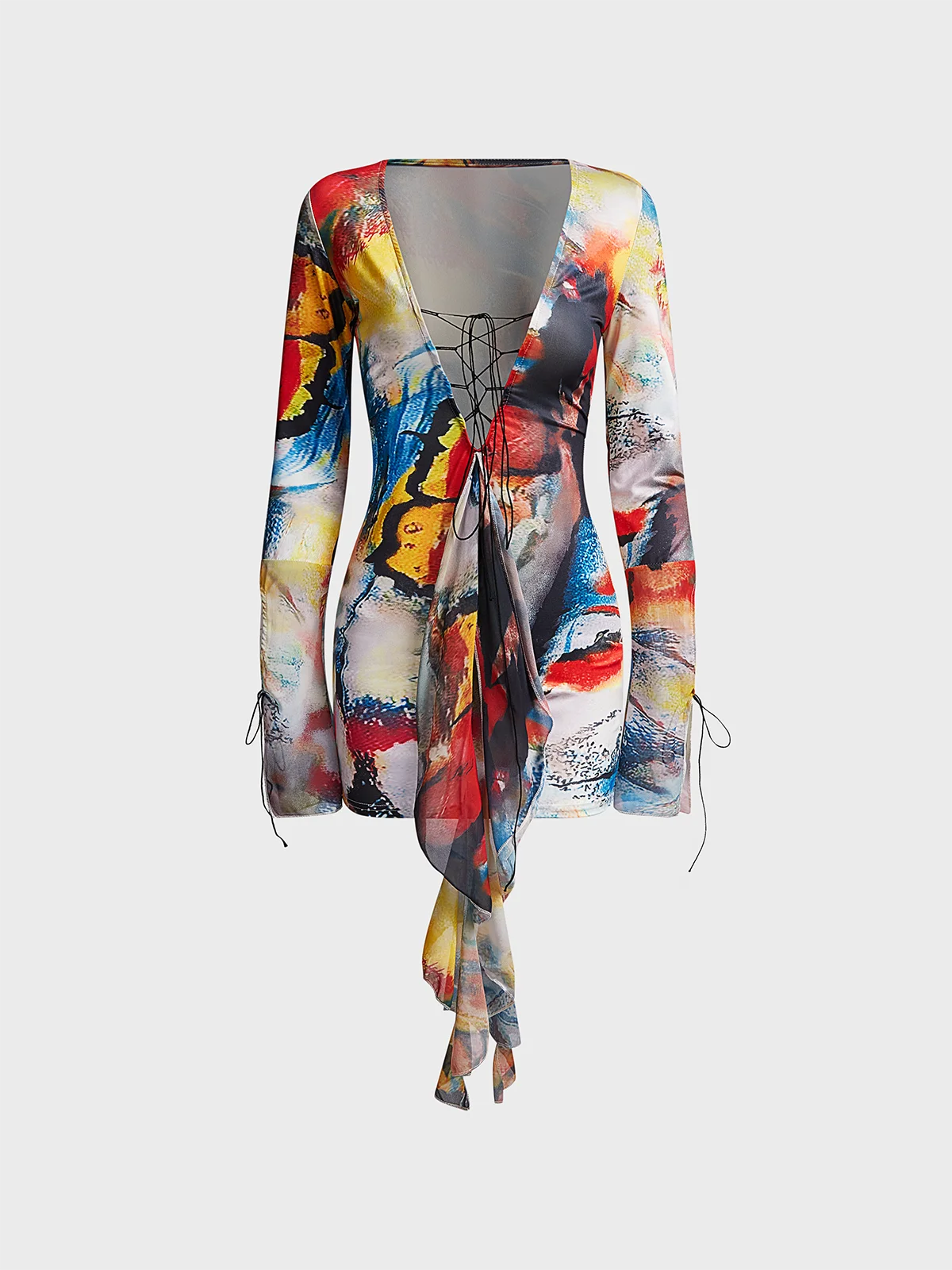 Lace Up Deep V Neck Tie-Dye Pattern Long Sleeve Short Dress