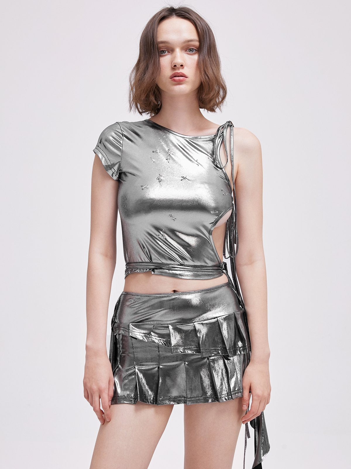 Metallic Asymmetrical Crew Neck Plain Short Sleeve T-Shirt