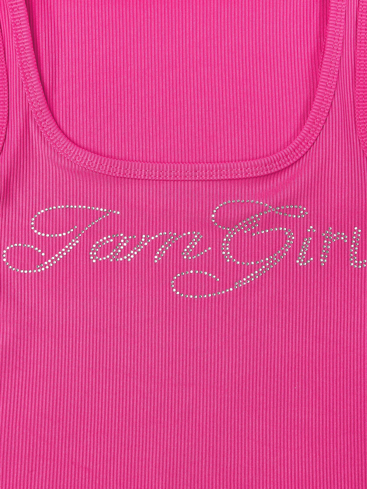 Hotfix Rhinestone Square Neck Text Letters Tank Top