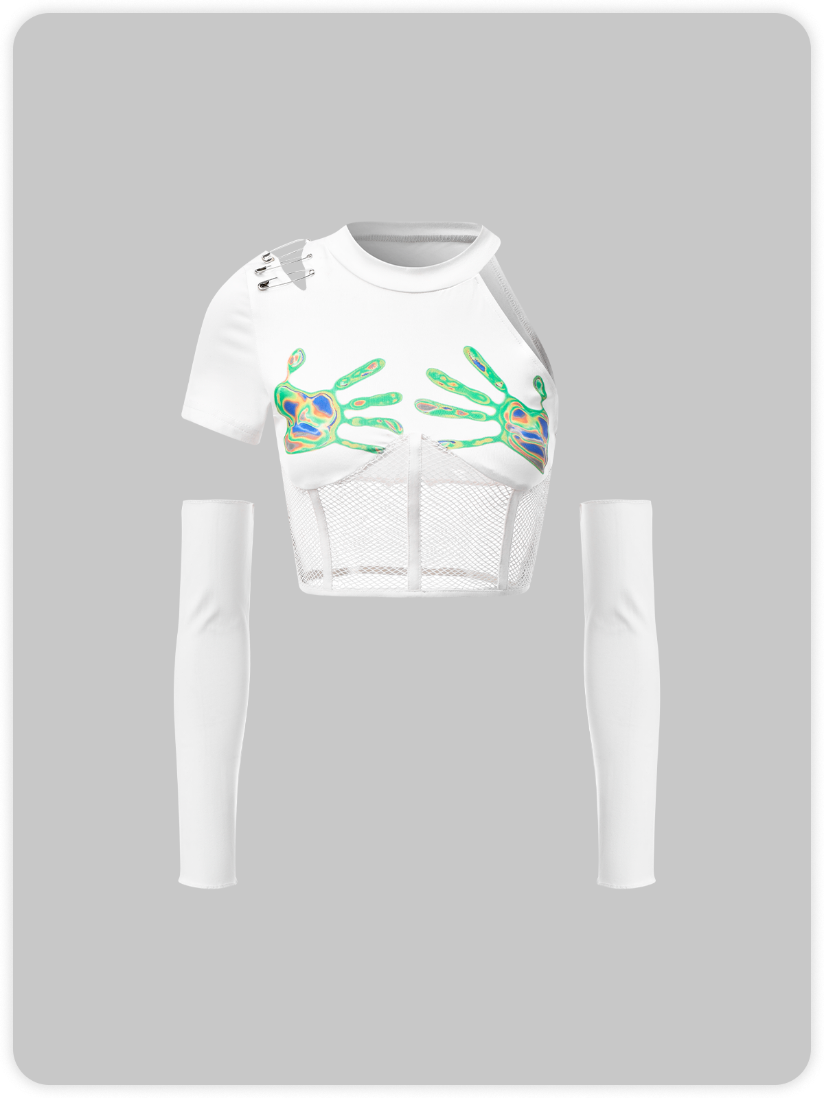 Street White Body Print Mesh Asymmetrical Design Cyberpunk Top Women Top