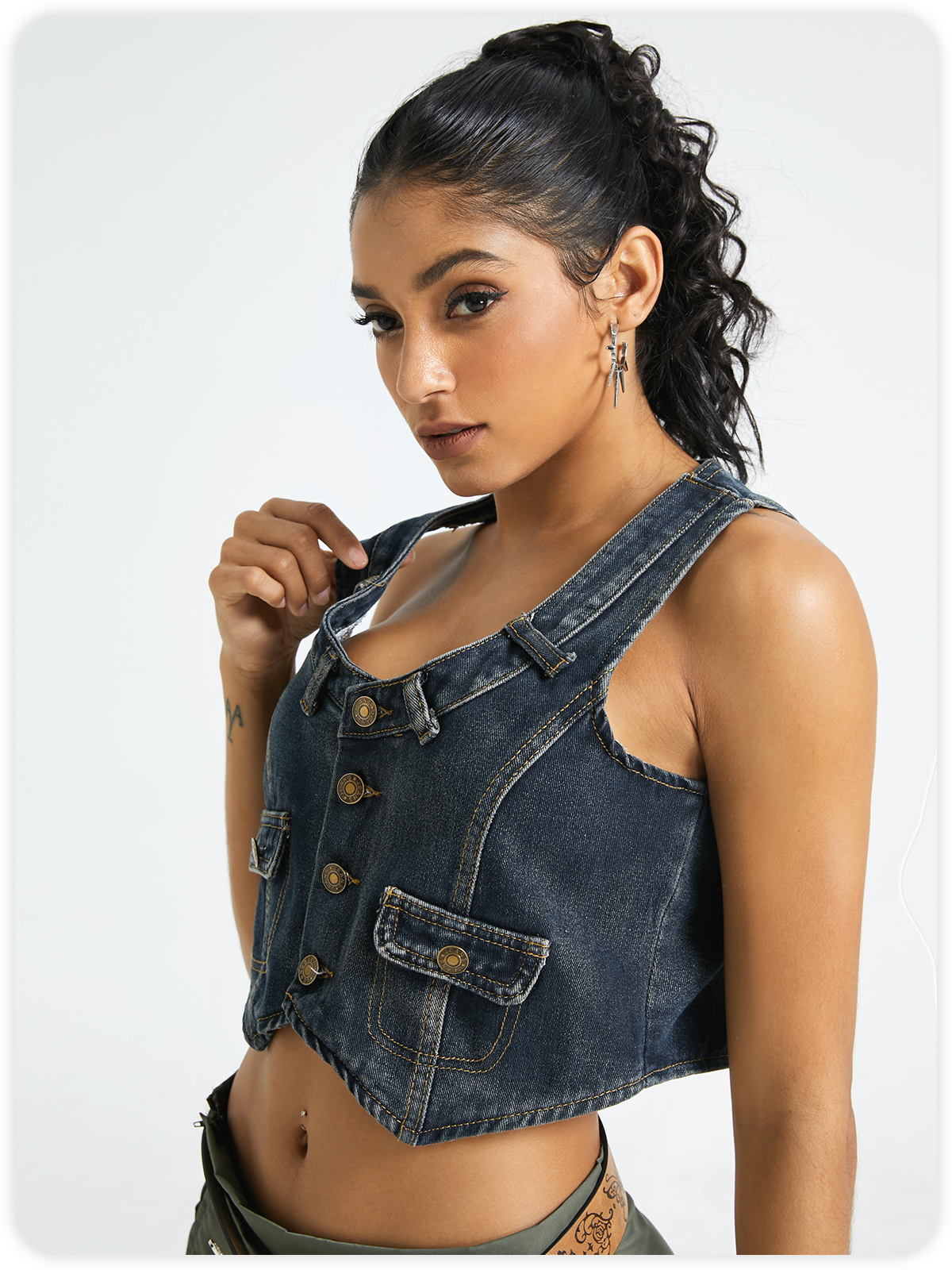 Denim Pockets V Neck Plain Sleeveless Vest