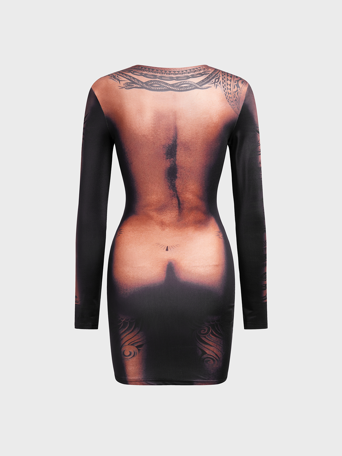 Body Print Crew Neck Plain Long Sleeve Short Dress