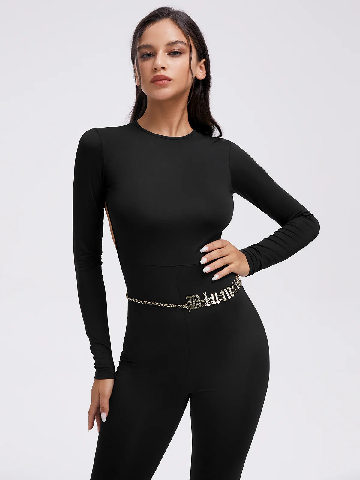 Backless Crew Neck Plain Long Sleeve Jumpsuit