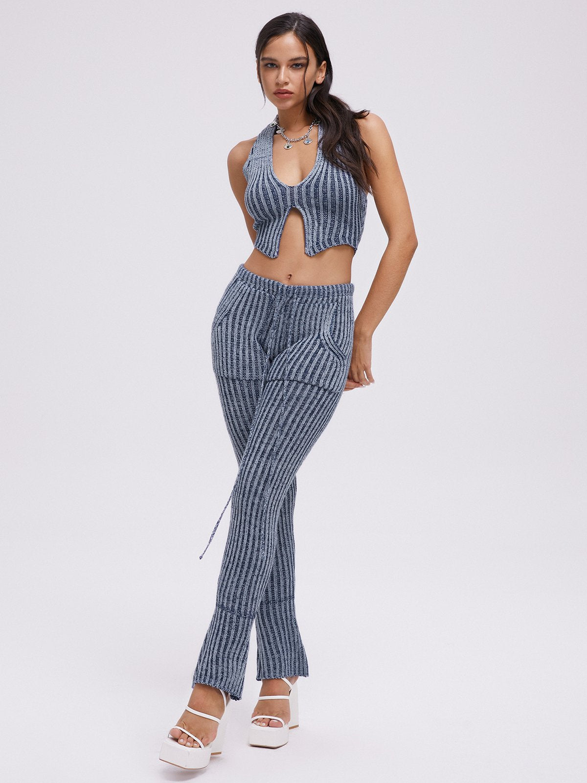 Halter Polka Dots Crop Top With Pants Two-Piece Set