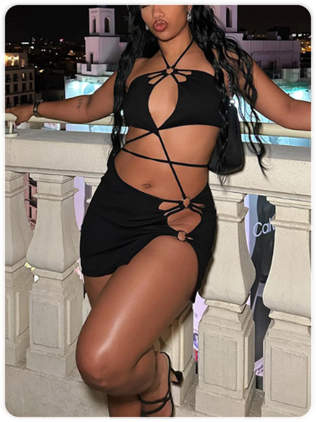 Edgy Black Cut out Metal Dress Mini Dress