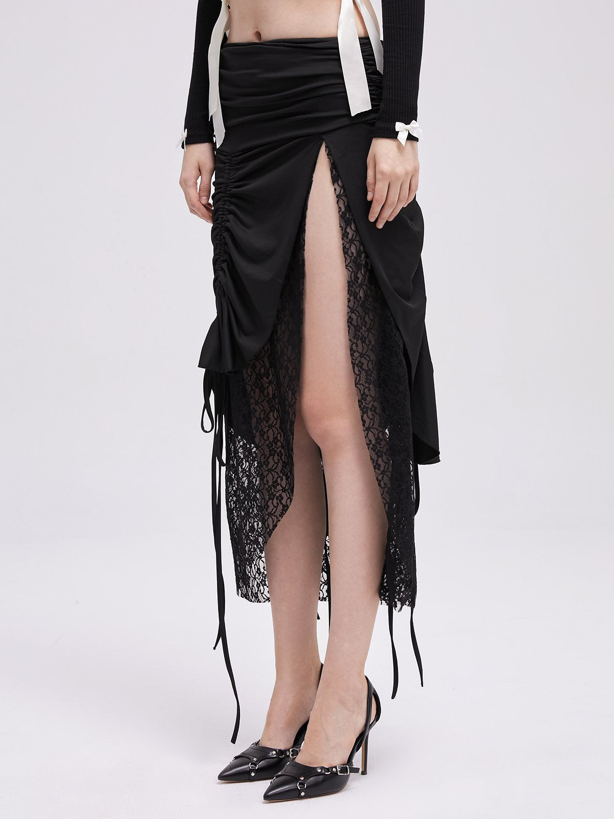 Lace Side Slit Wrinkled Plain Maxi Skirt