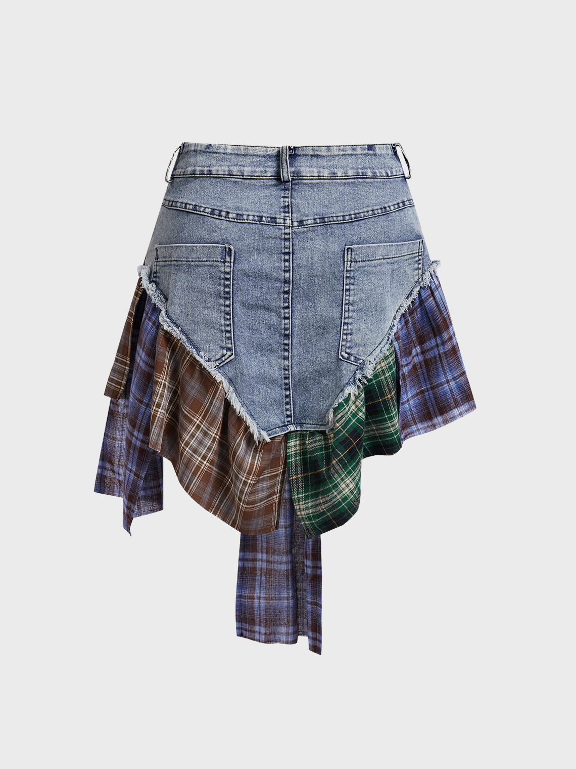 Denim Patchwork Plaid Short Skirt