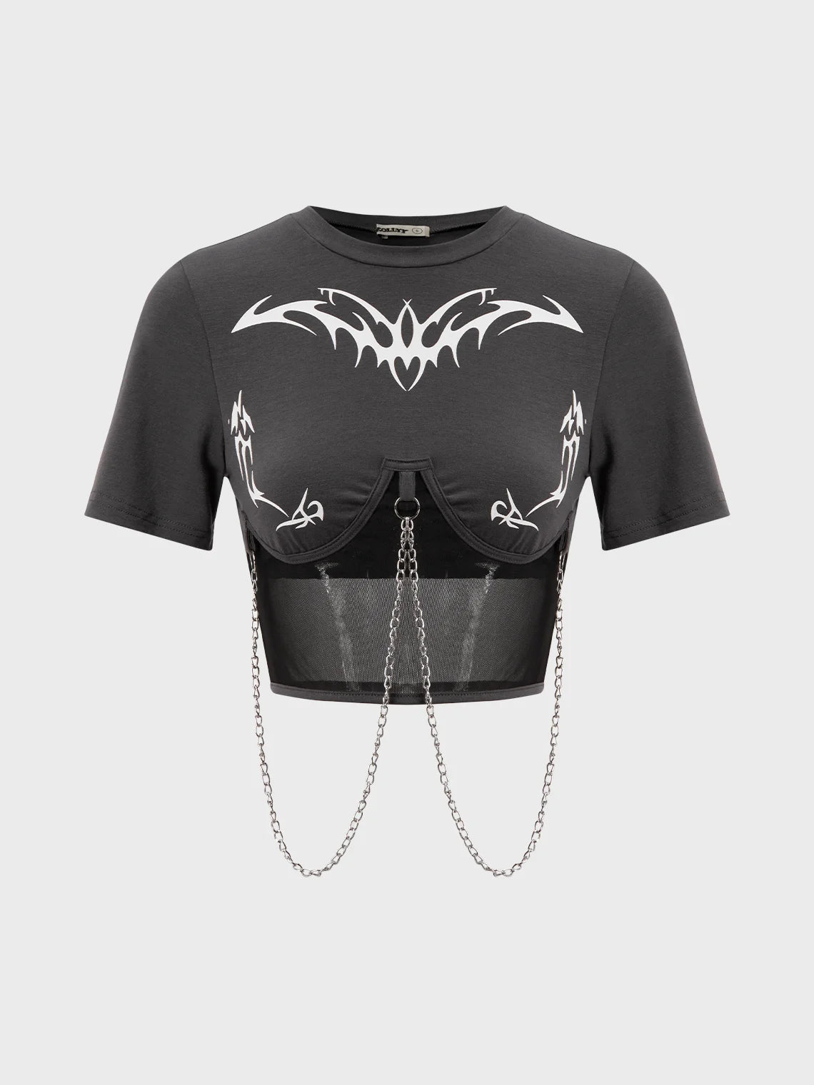 Street Gray Graphic Patchwork Metal Chain Top T-Shirt