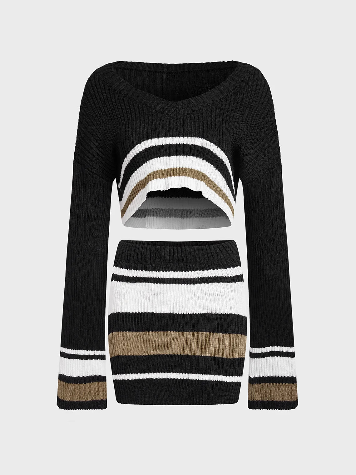 Knitted Striped Long Sleeve Top With Skirt Two-Piece Set