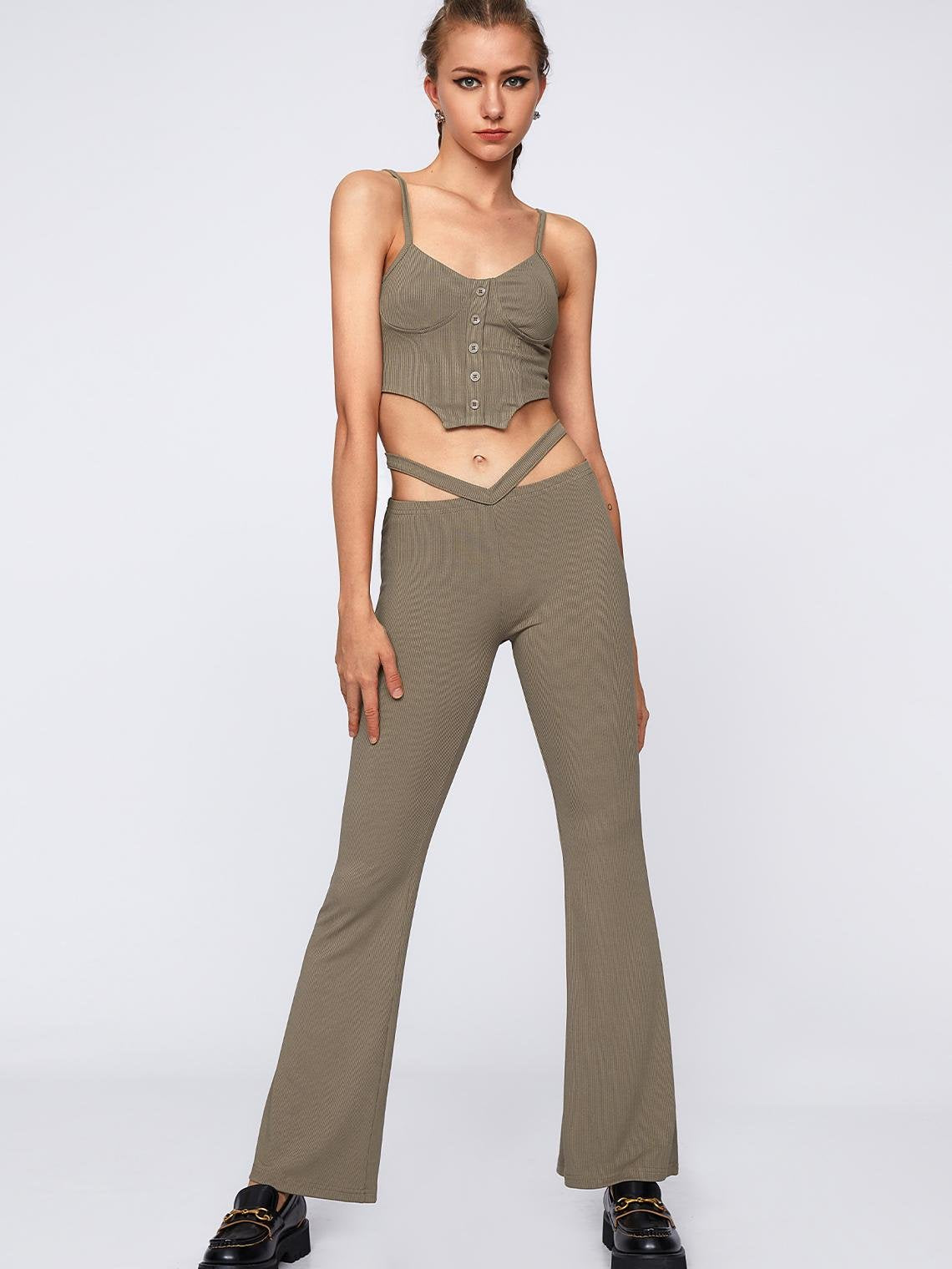 Y2K Coffee Cropped Button Two-Piece Set