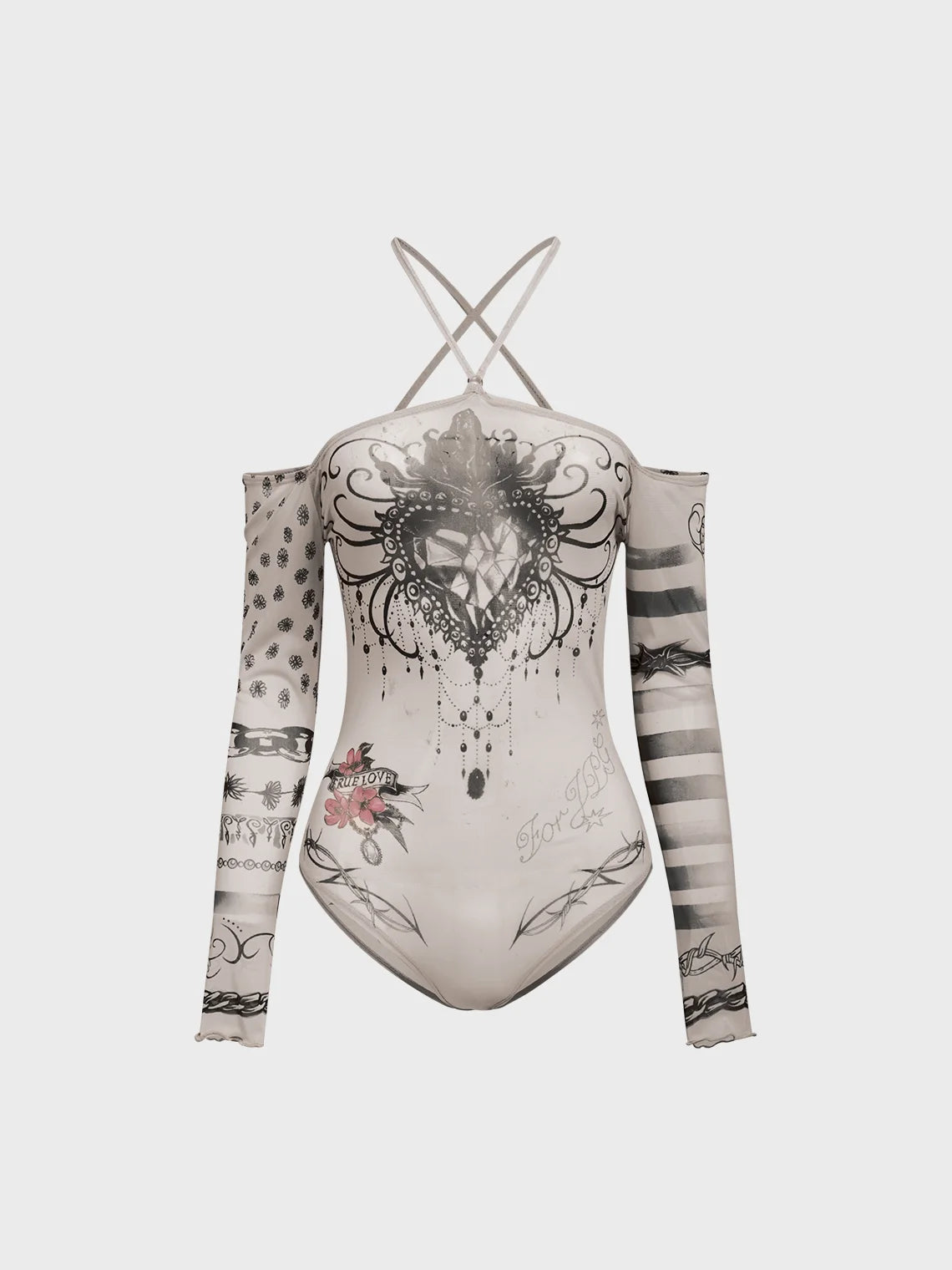 Mesh Boat Neck Floral Long Sleeve Bodysuit