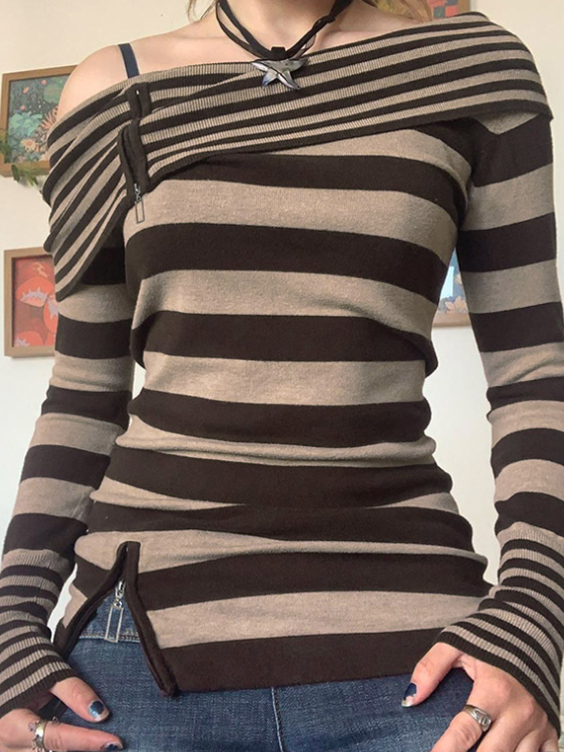 Boat Neck Striped Long Sleeve Shirt