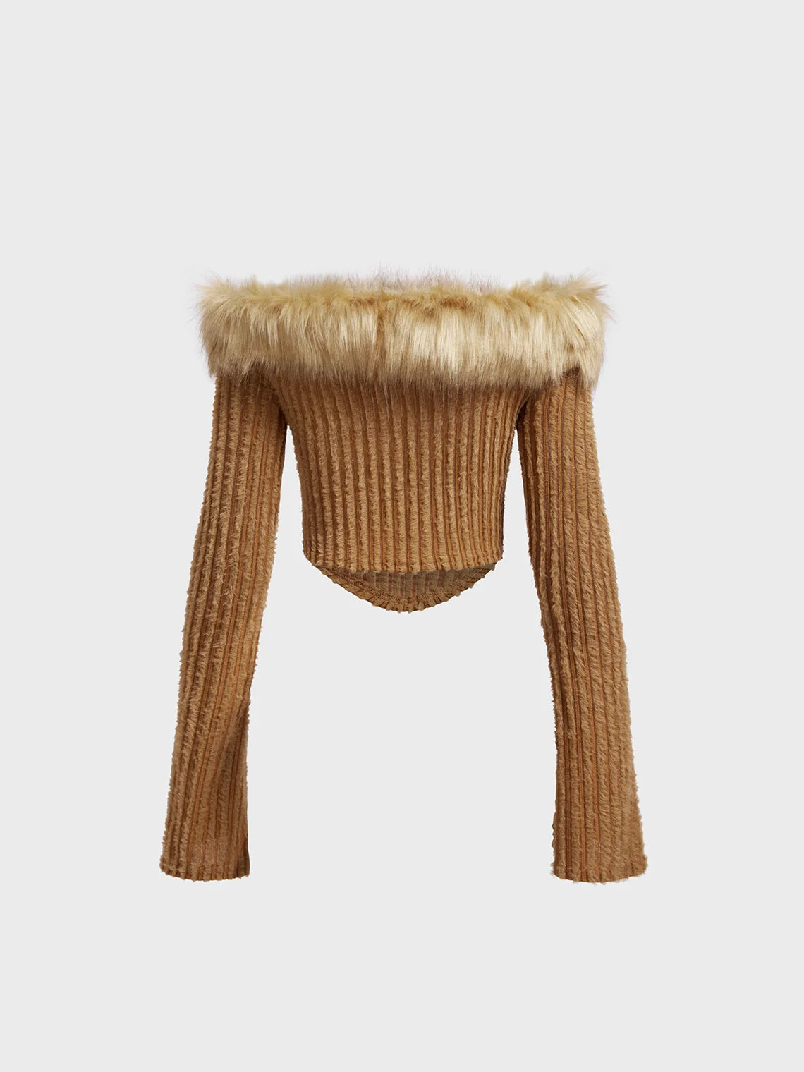 Fuzzy Trim Boat Neck Plain Long Sleeve Crop Top