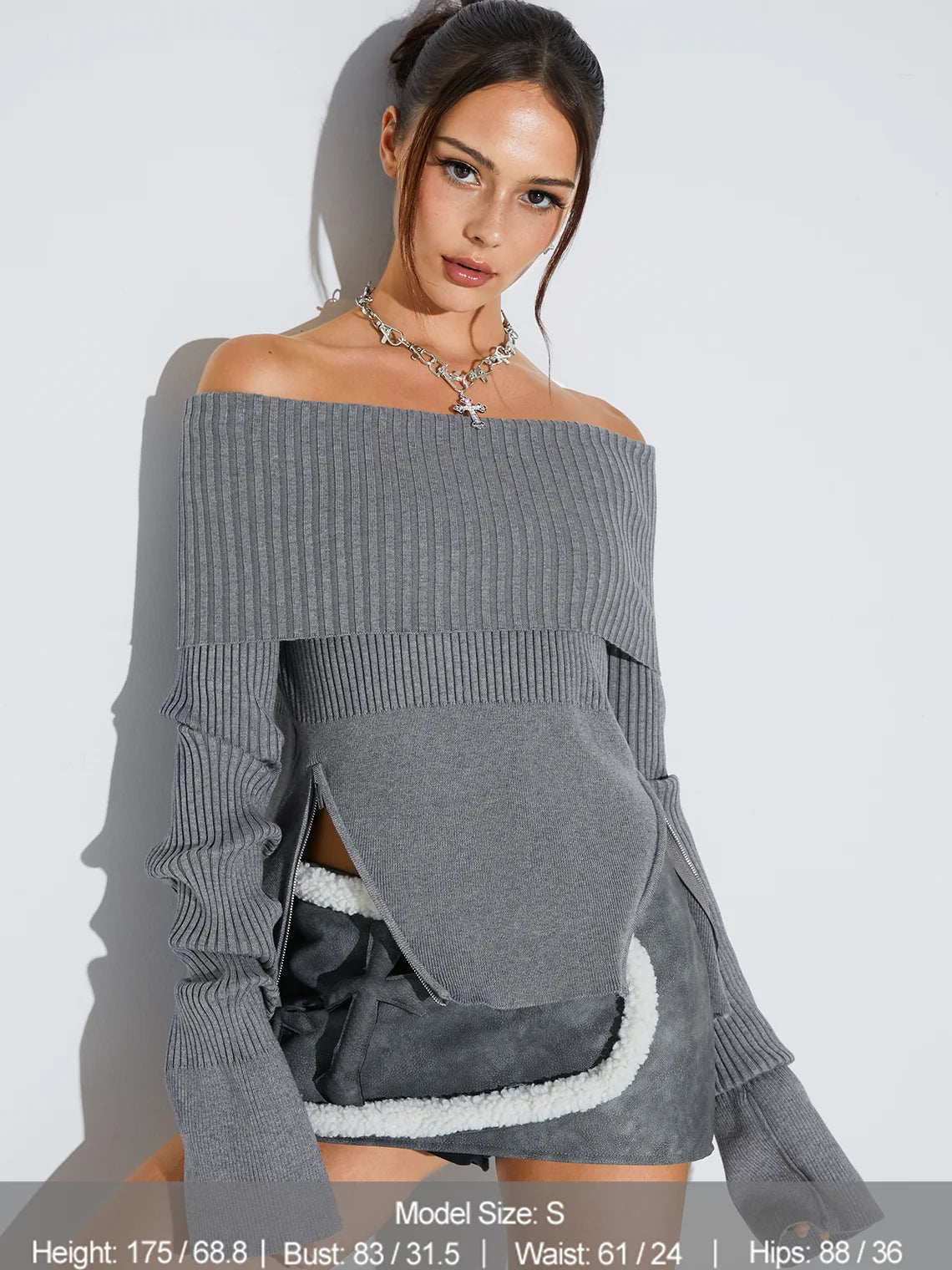 Knitted Boat Neck Plain Long Sleeve T-Shirt