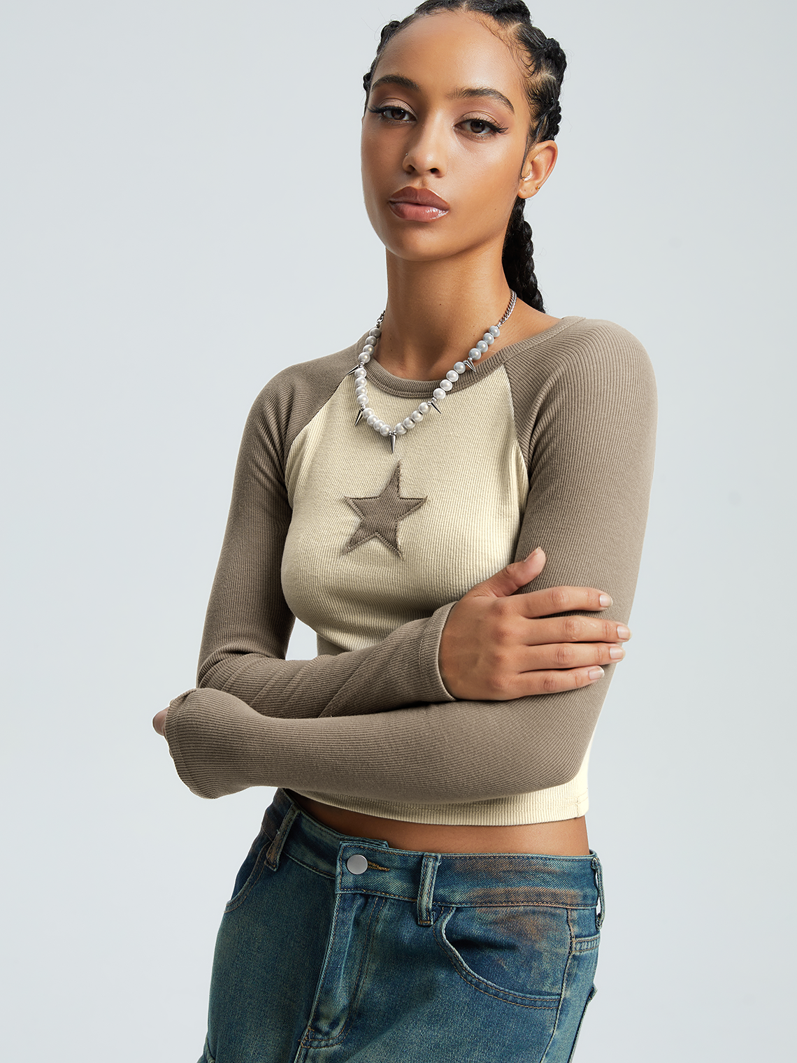 Crew Neck Color Block Star Long Sleeve T-Shirt