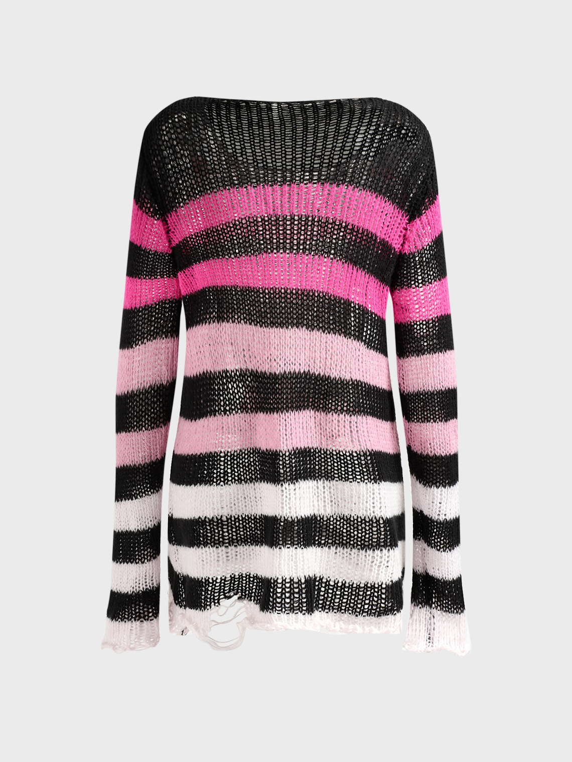 Hollow Out Crew Neck Striped Long Sleeve Short Sweater Dress