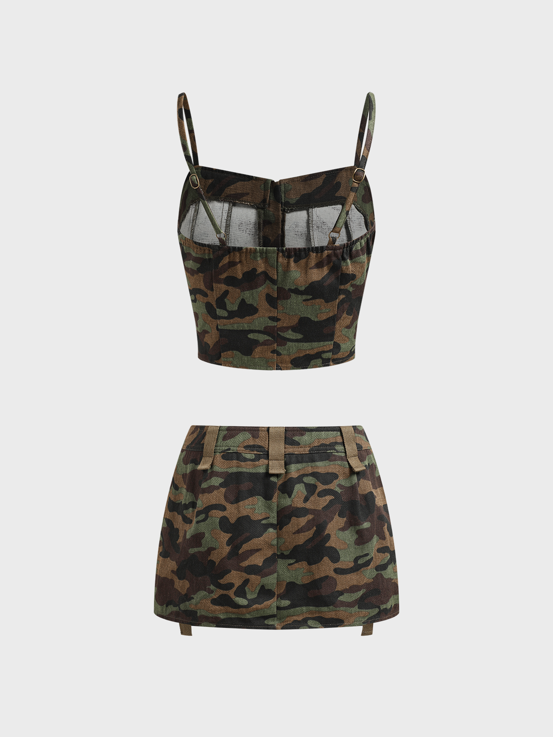 Twill Cargo Patchwork Camo Top With Skirt Two-Piece Set