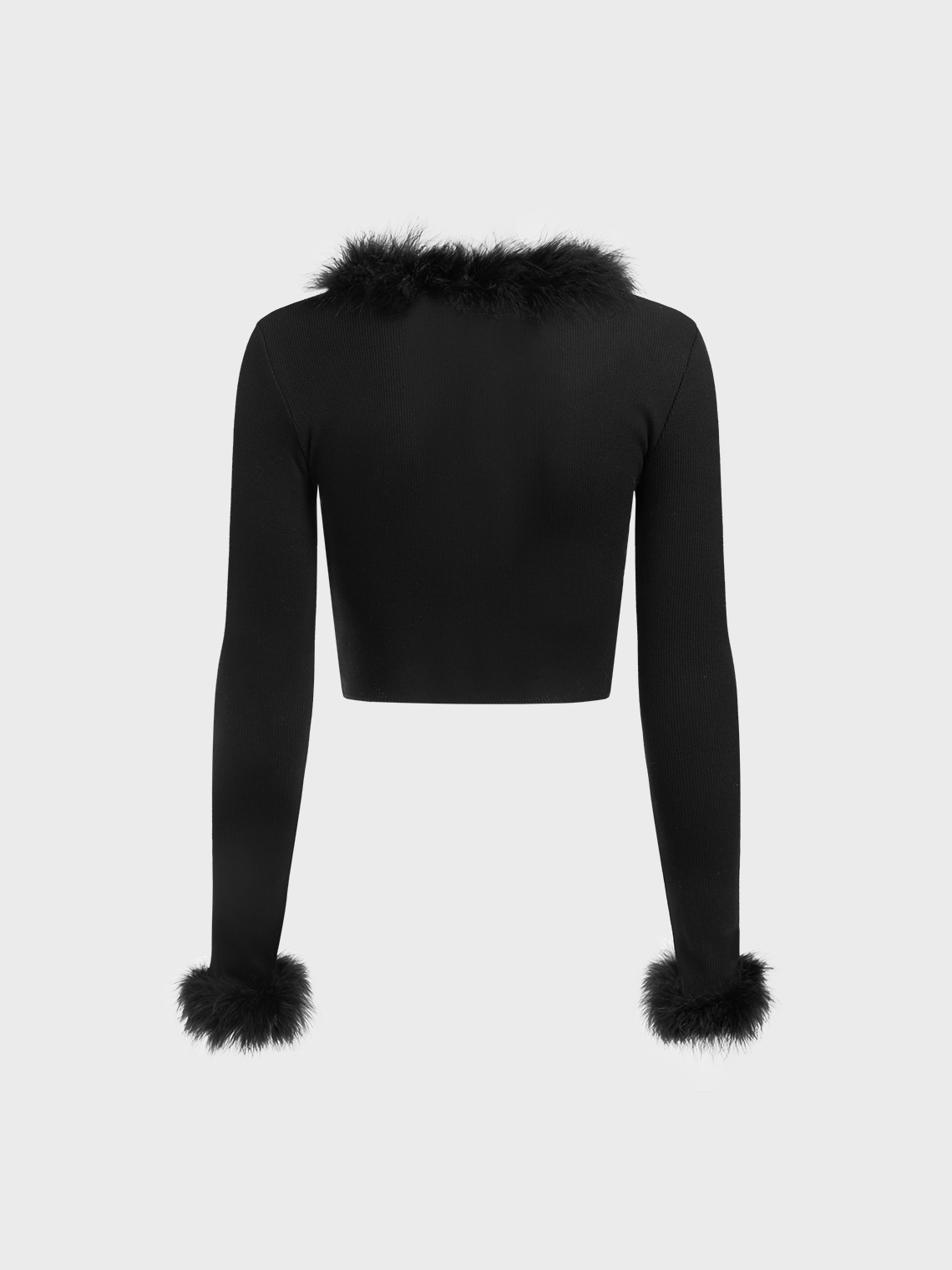 Tie Front V Neck Fuzzy Trim Plain Long Sleeve Crop Top