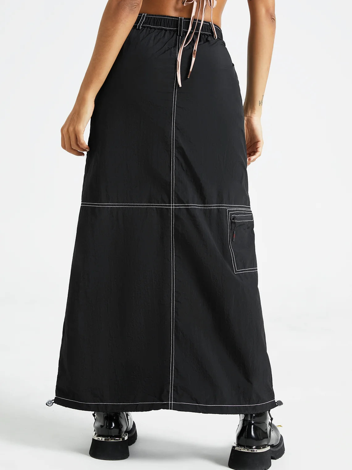 Nylon Plain Cargo Maxi Skirt