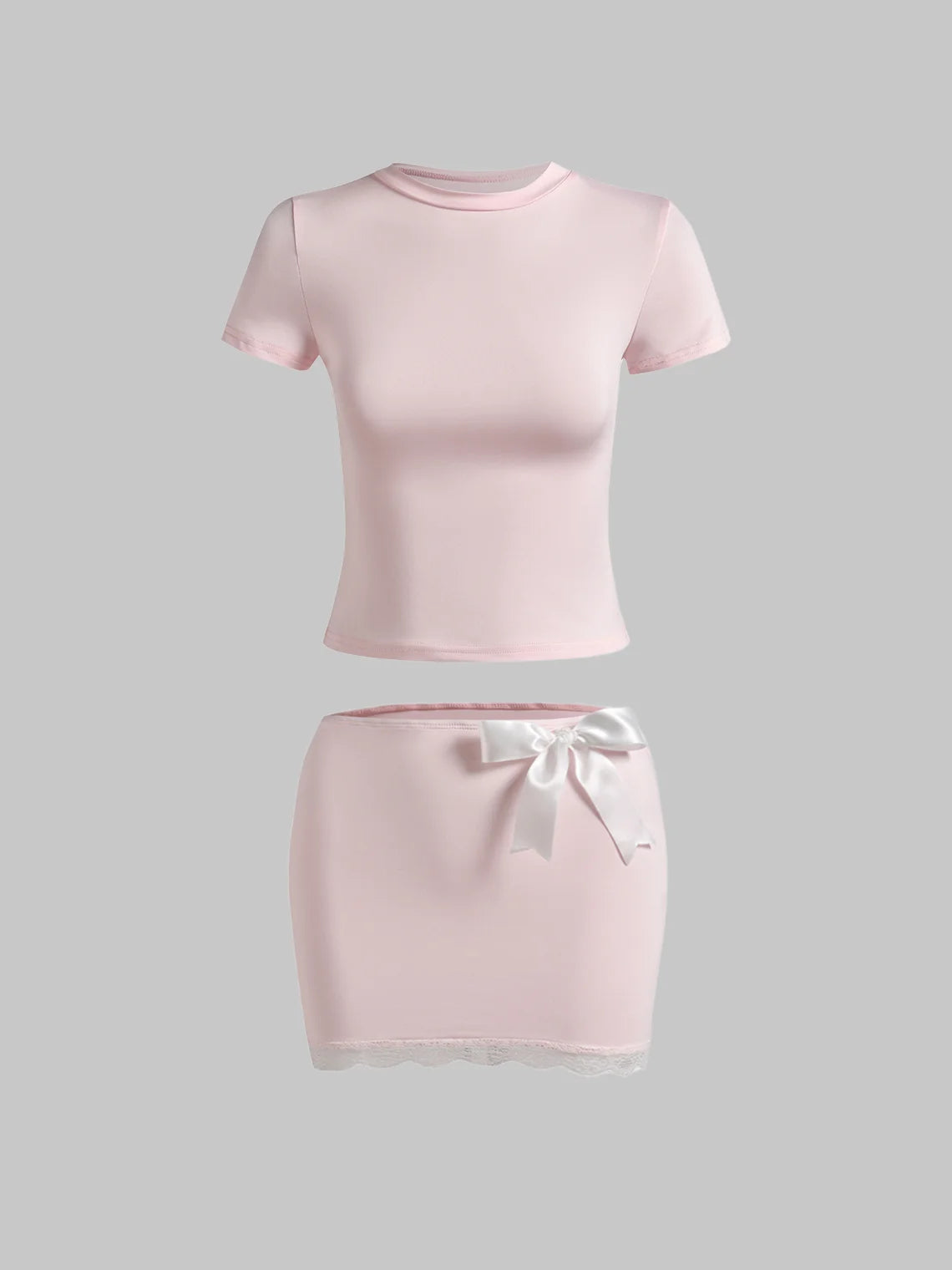 Short Sleeve Plain Top With Lace Hem Bowknot Skirt Set