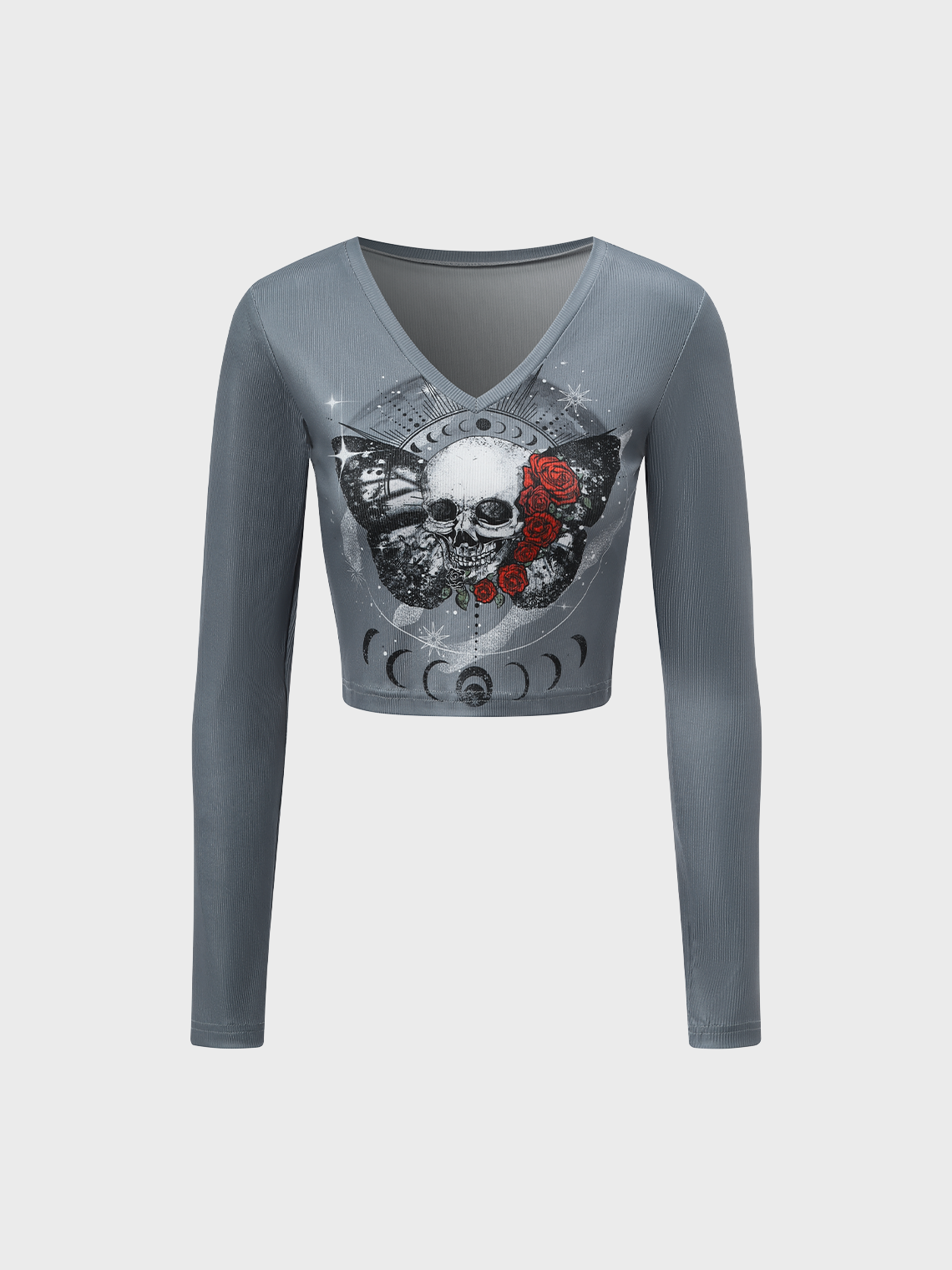 Punk Gray Skull V-Neck Top T-Shirt