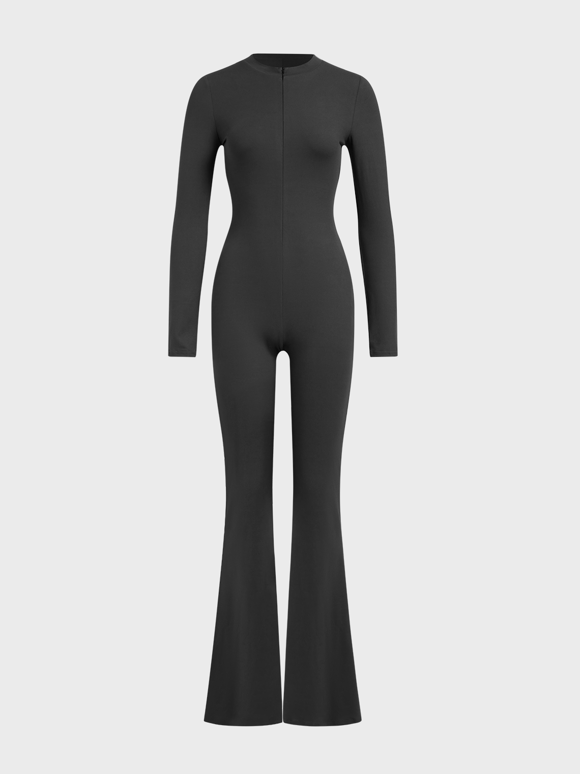 Crew Neck Zipper Plain Long Sleeve Jumpsuit