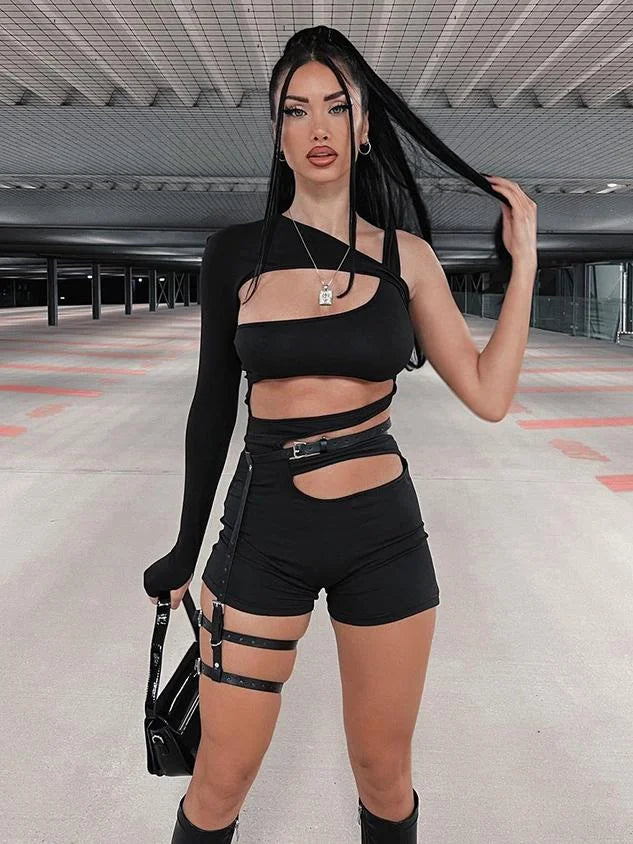 Edgy Black Asymmetrical Design Arm Sleeves Cyberpunk Romper