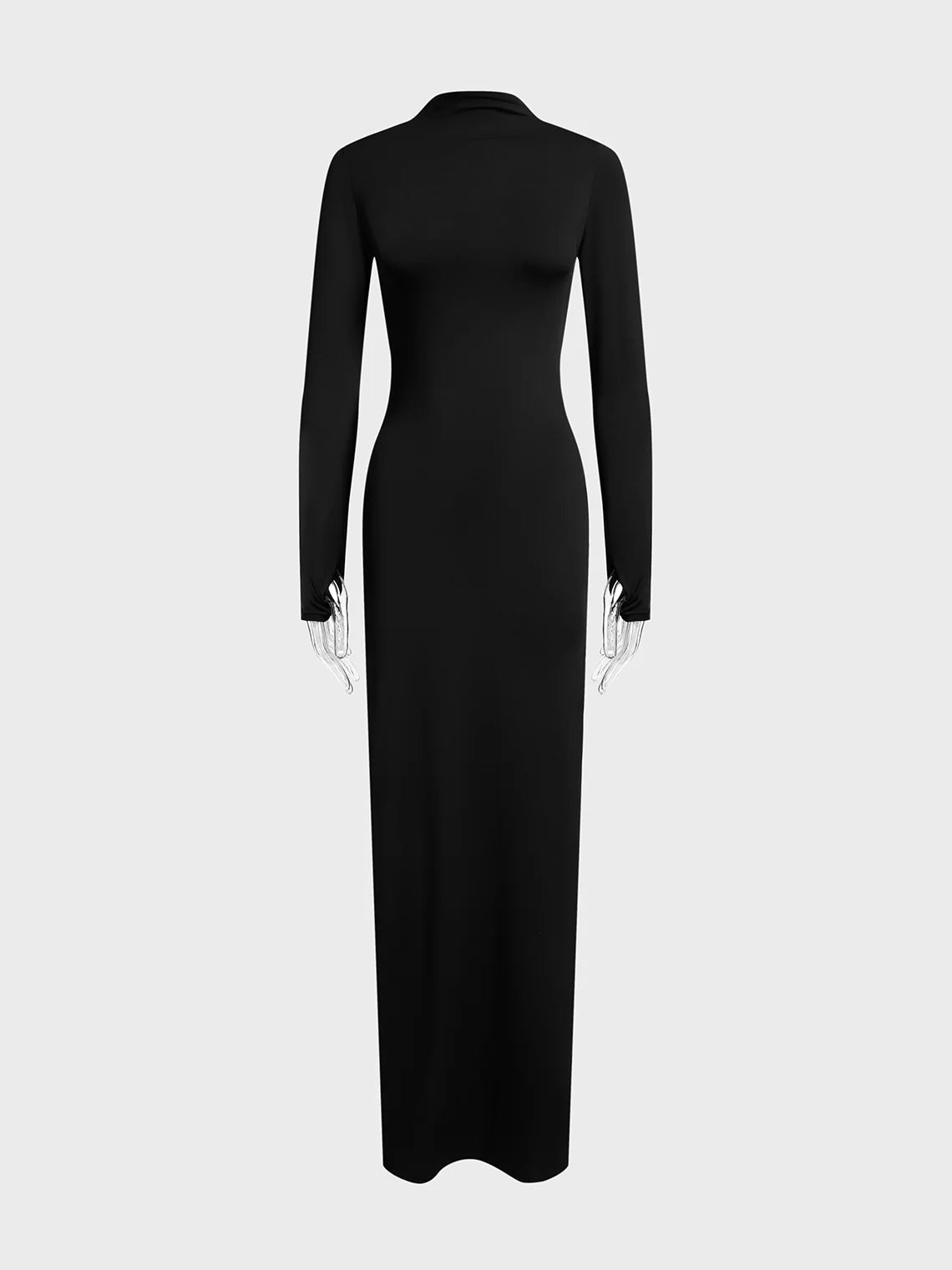 Side Slit Stand Collar Plain Long Sleeve Maxi Dress