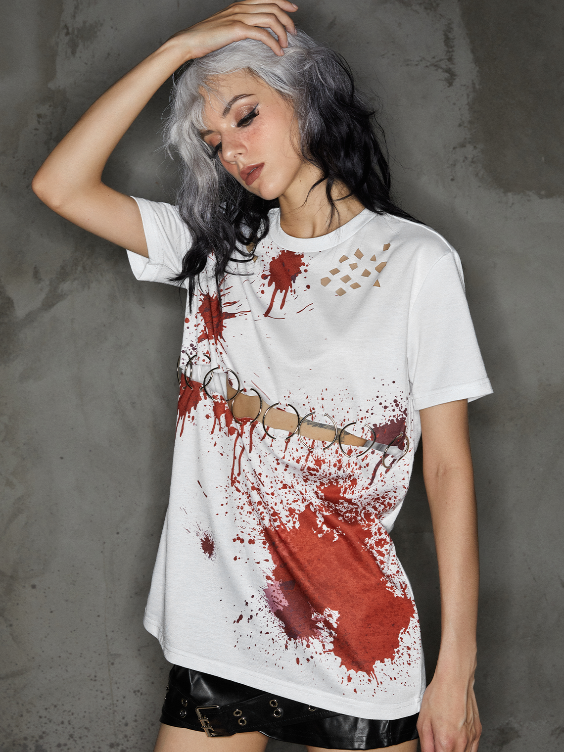 Punk White Graffiti Metal Cut Out Halloween Top T-Shirt