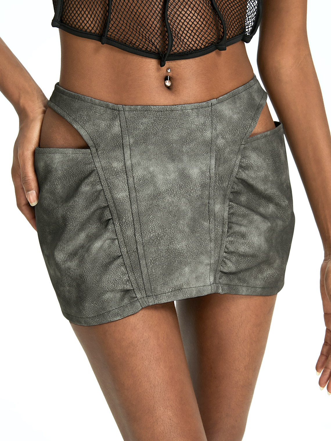 Edgy Gray PU Cut out Bottom Shorts