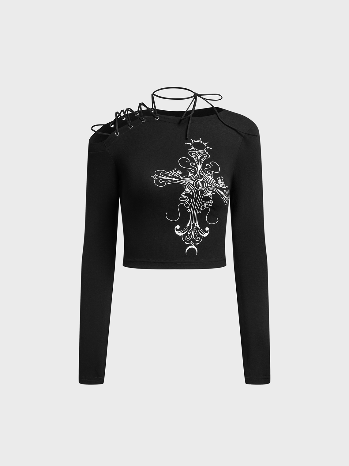 Asymmetrical Lace Up Crew Neck Cross Long Sleeve T-Shirt