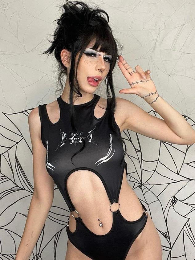 Edgy Black Totem Cut Out Cyberpunk Bodysuit