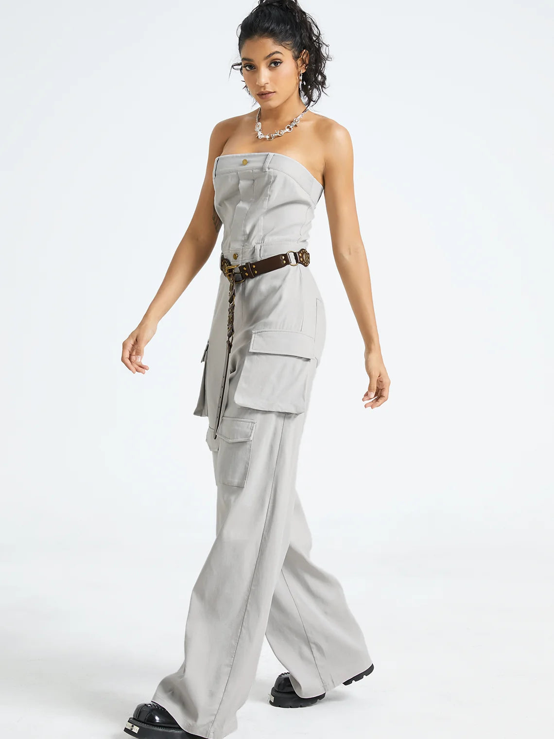 Pockets Strapless Plain Tube Cargo Jumpsuit