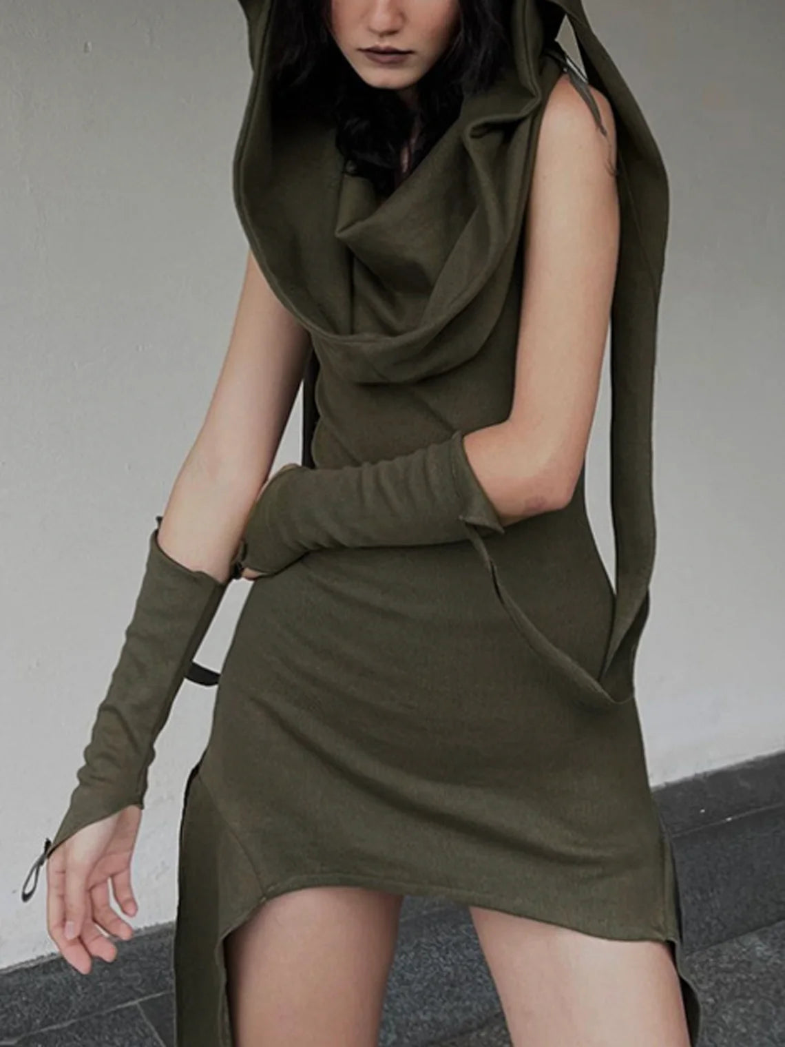 Arm Sleeves Hoodie Plain Sleeveless Short Dress