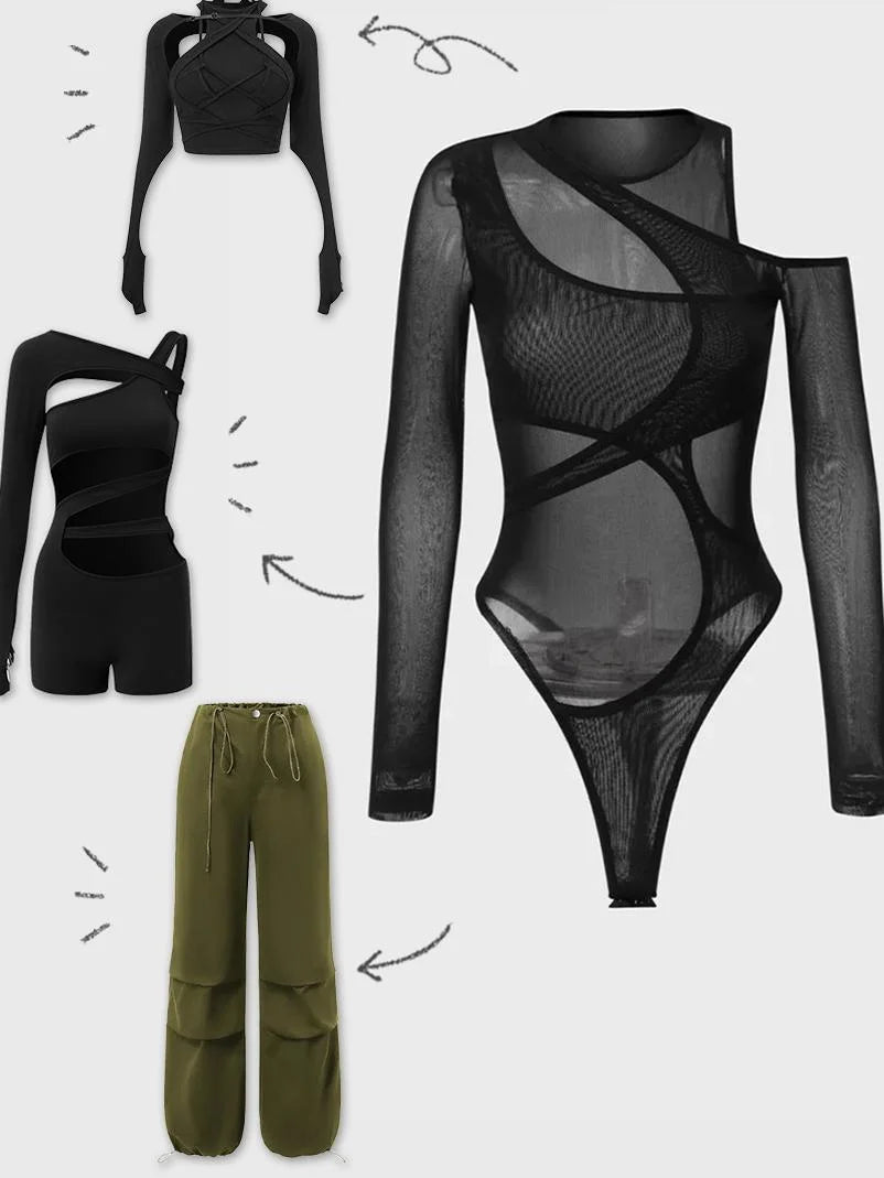 Edgy Black Mesh Asymmetrical Design Arm Sleeves Bodysuit