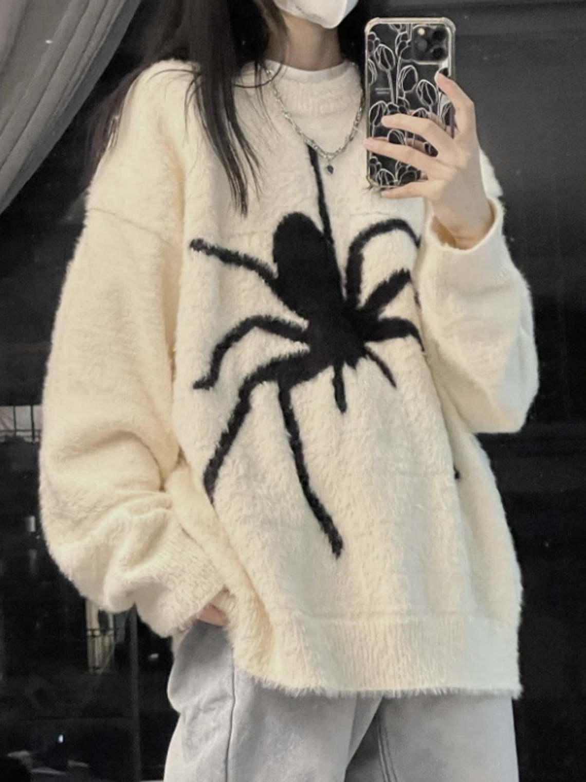 Crew Neck Spider Pattern Long Sleeve Sweater