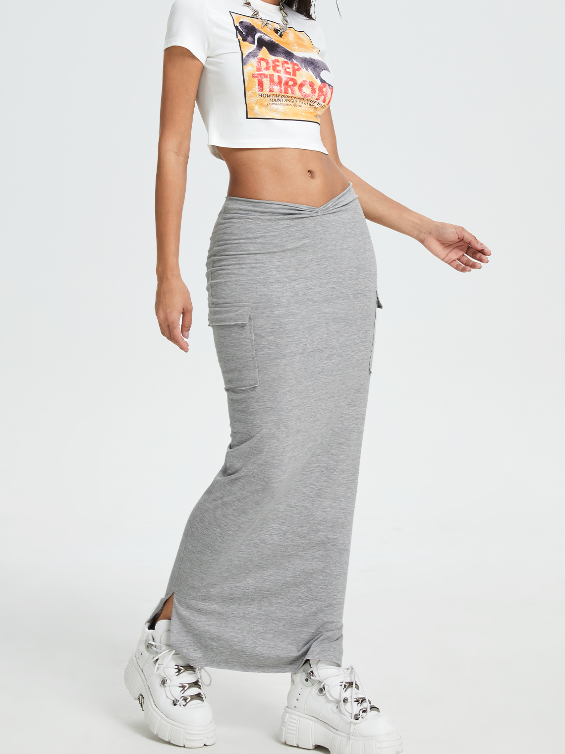 Street Gray Wrinkled Side Slit Bottom Skirt