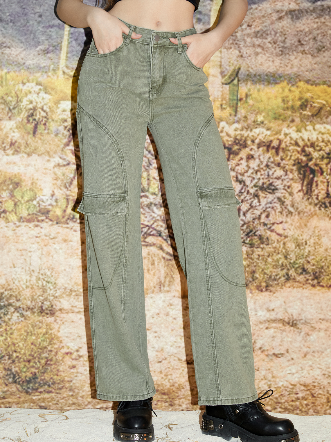 Street Green Pockets Bottom Pants