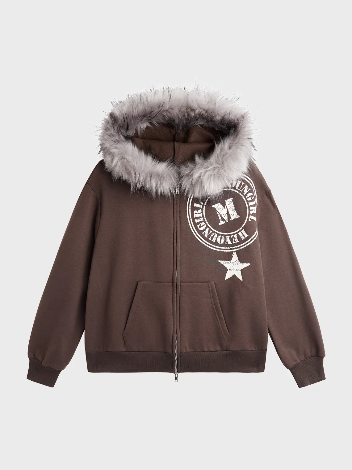 Star Plain Zipper Long Sleeve Hoodie