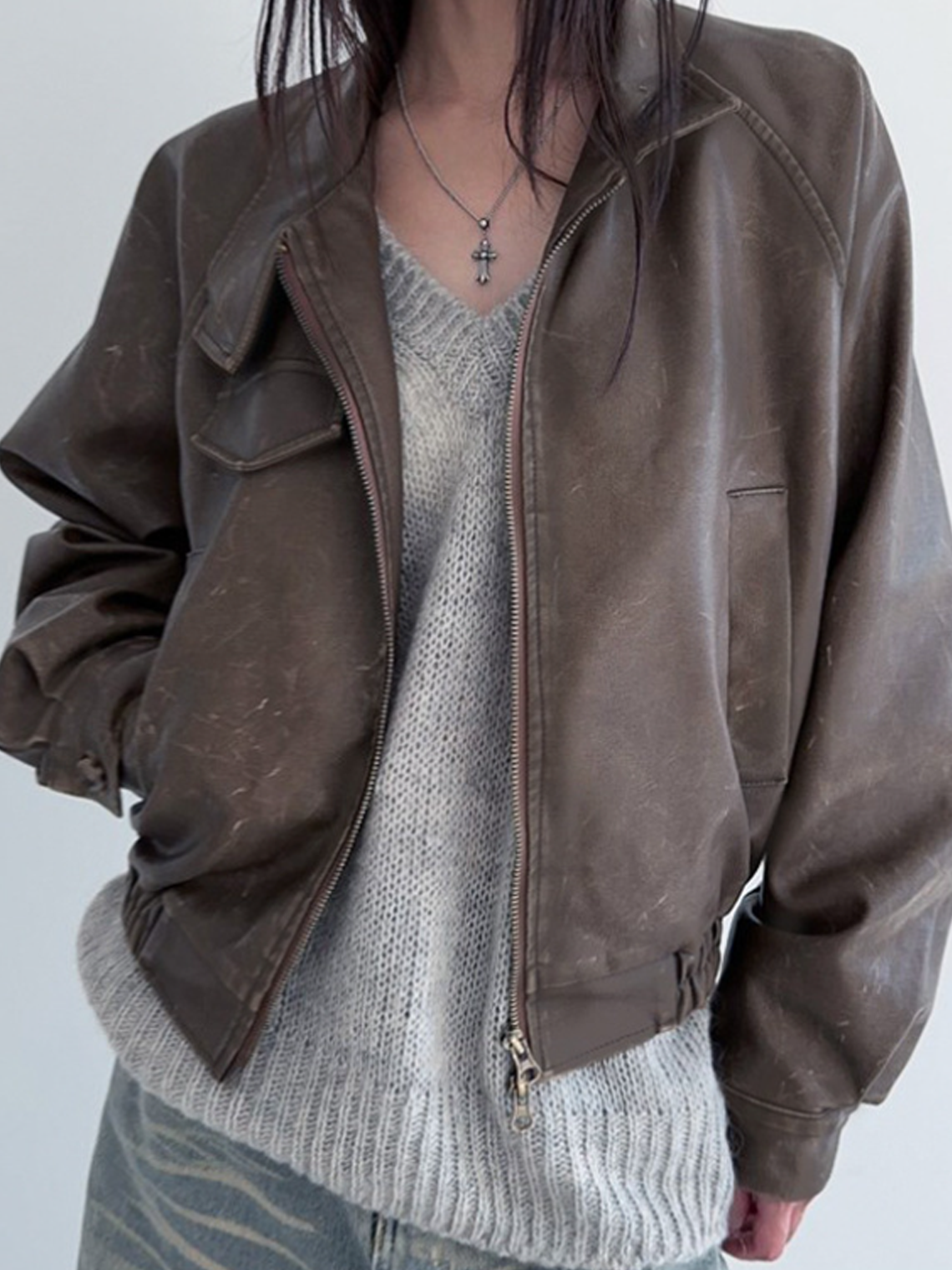 PU Distressed Shawl Collar Zipper Plain Long Sleeve Jacket