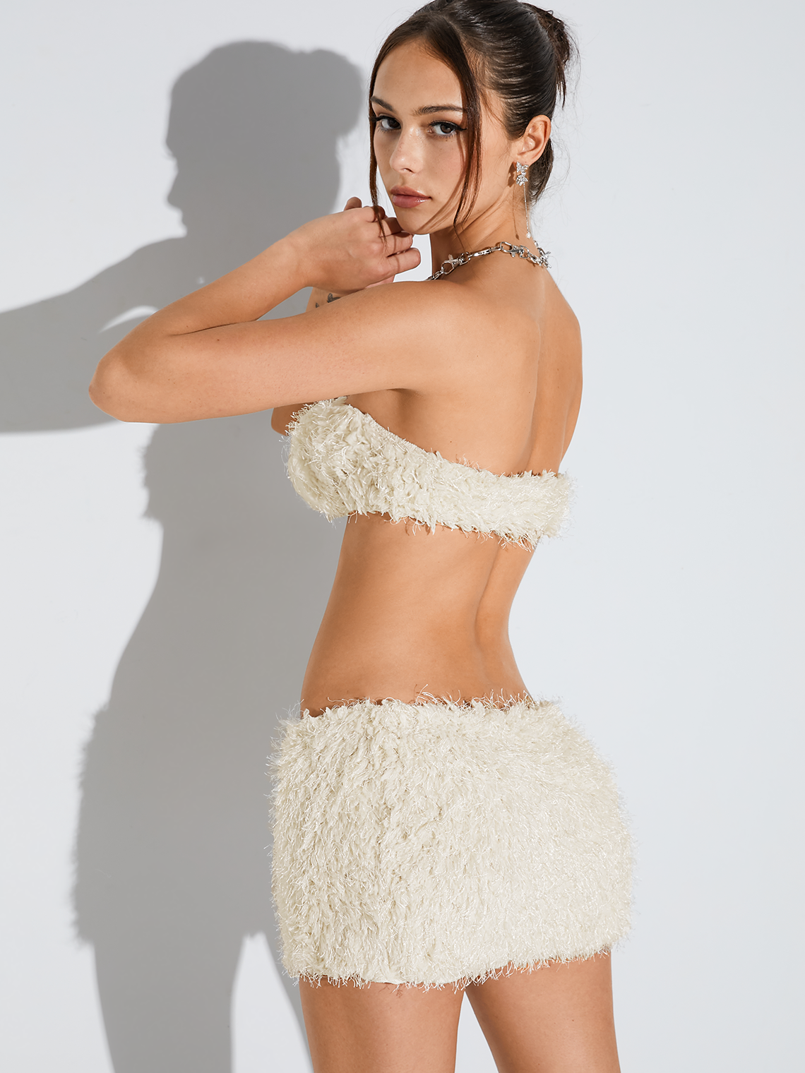 Fuzzy Plain Tube Top With Skirt Two-Piece Set