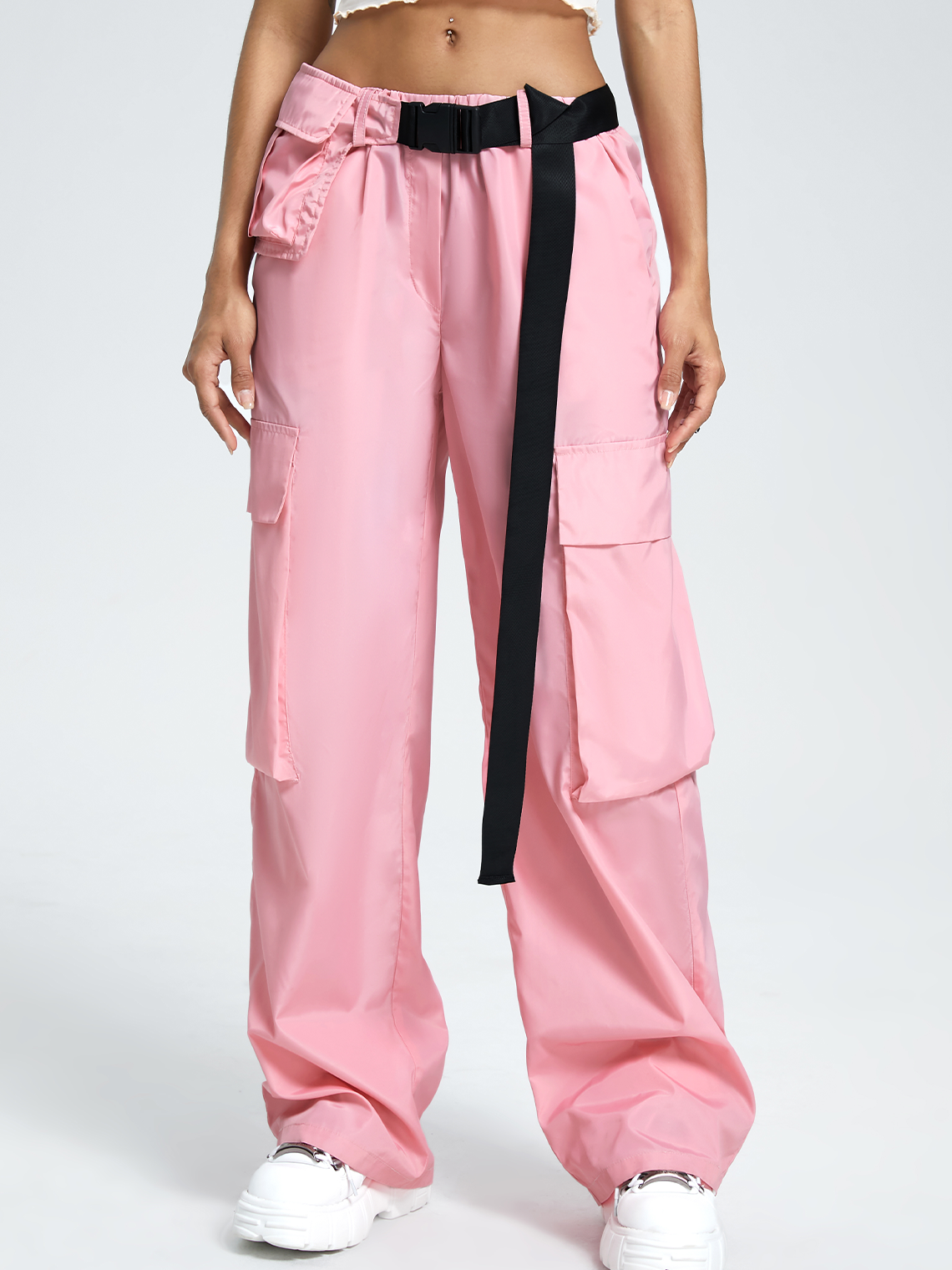 Street Pink Pockets Belt Bottom Pants