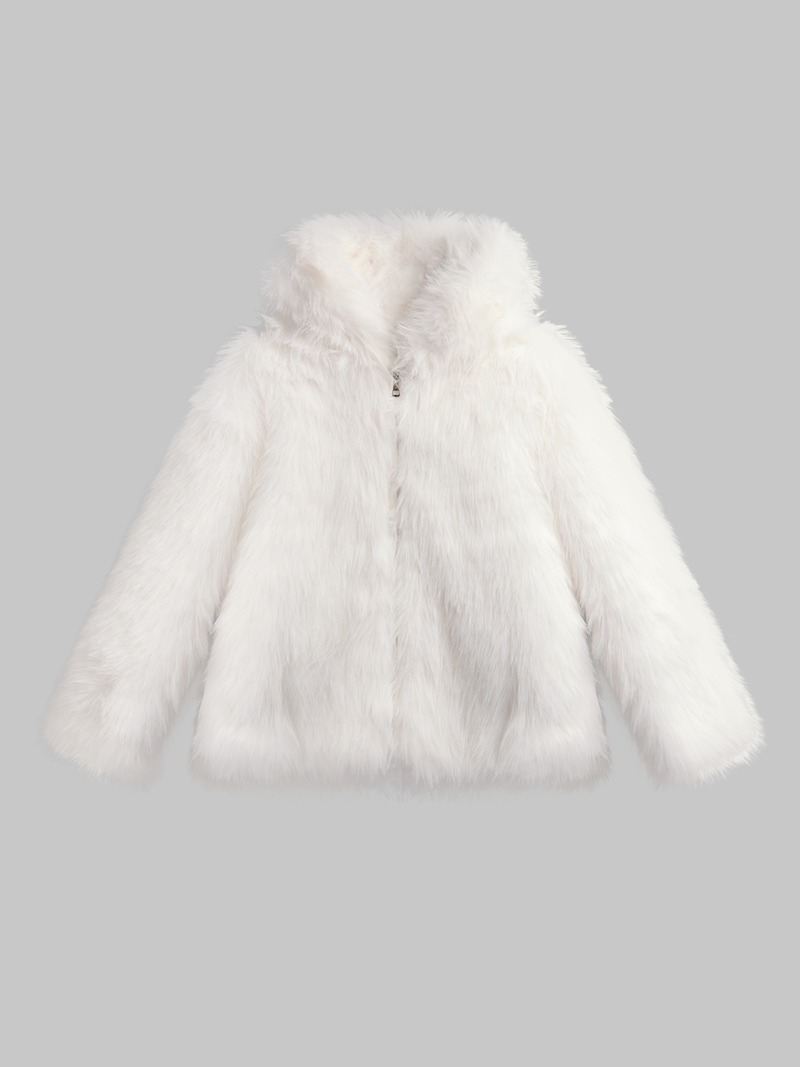 Faux Fur Hooded Plain Long Sleeve Zipper Jacket