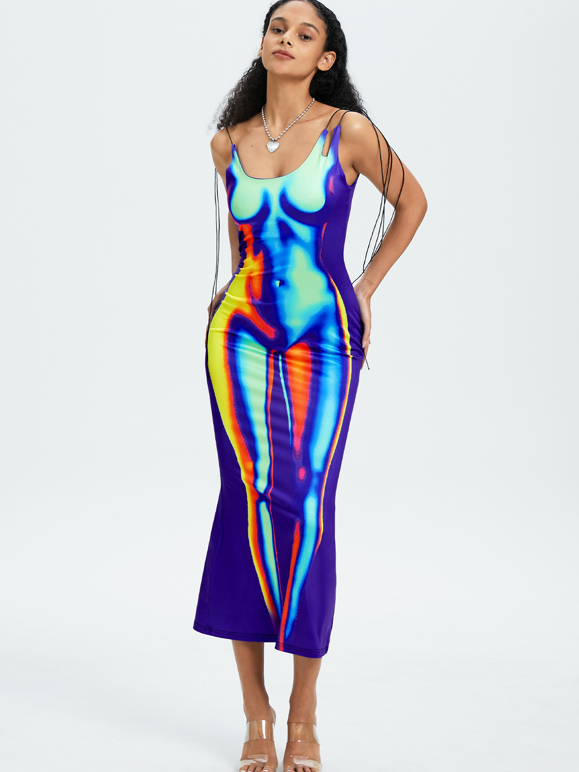 Y2k Multicolor Thermal body print Asymmetrical design Dress Midi Dress