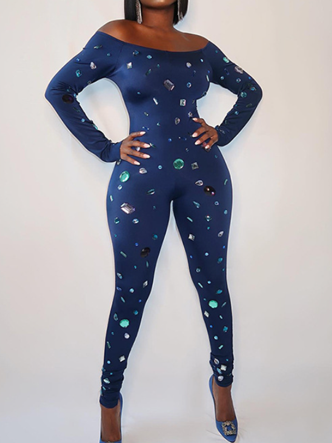 Boat Neck Polka Dots Long Sleeve Jumpsuit