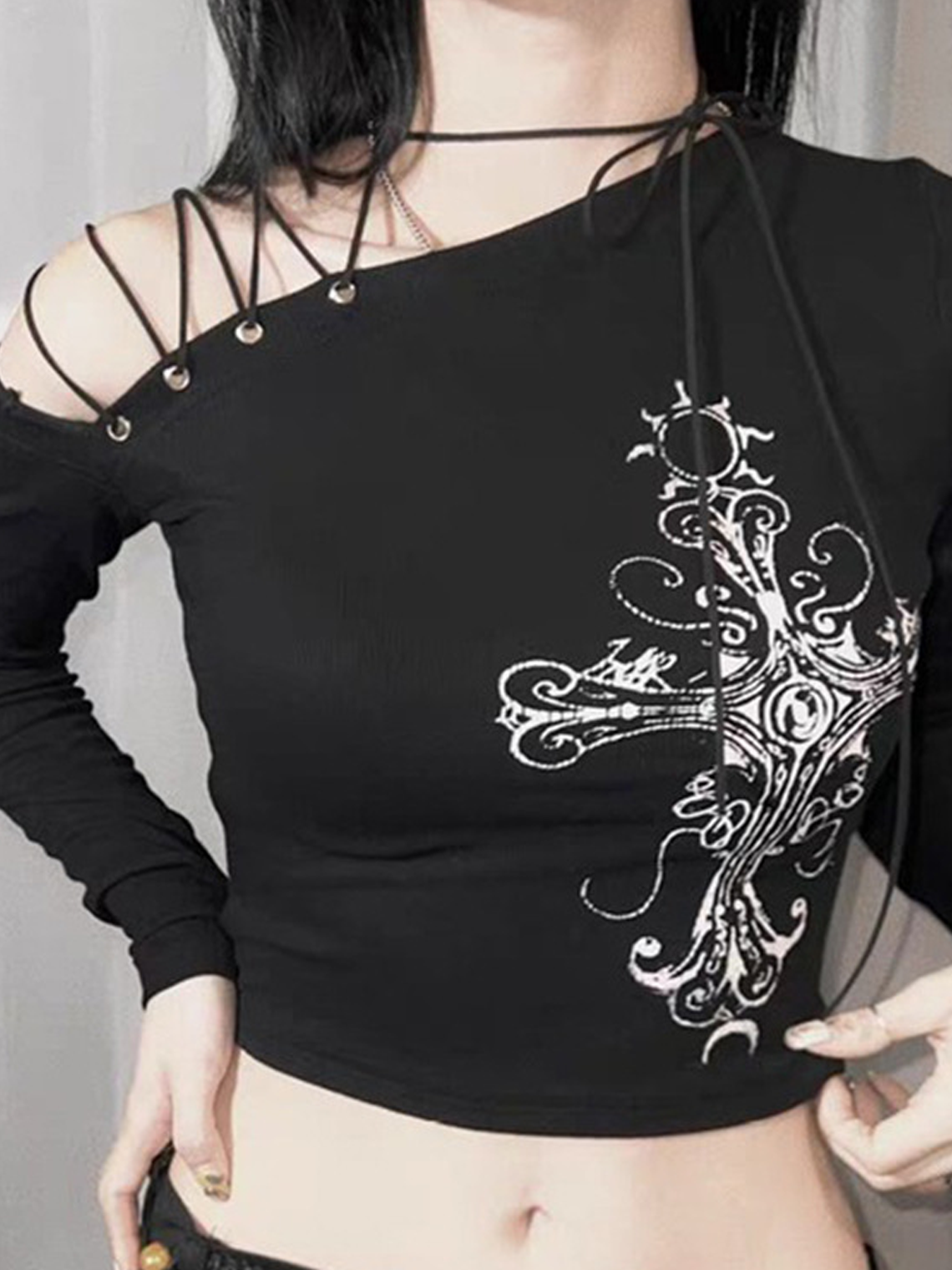 Asymmetrical Lace Up Crew Neck Cross Long Sleeve T-Shirt