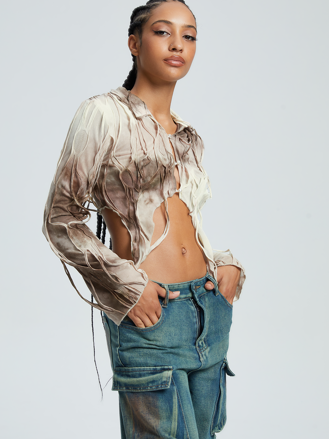 Fringe Shawl Collar Tie Dye Long Sleeve Shirt