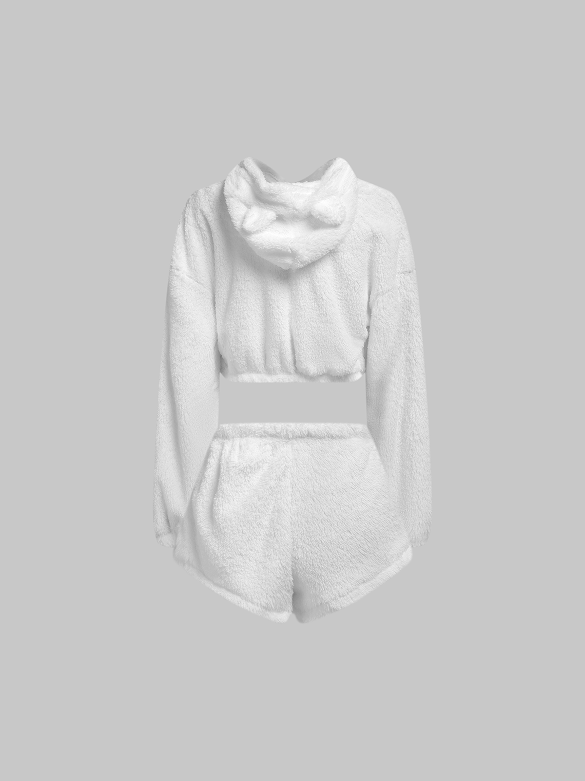 Fuzzy Plain Hoodie With Shorts Two-Piece Set